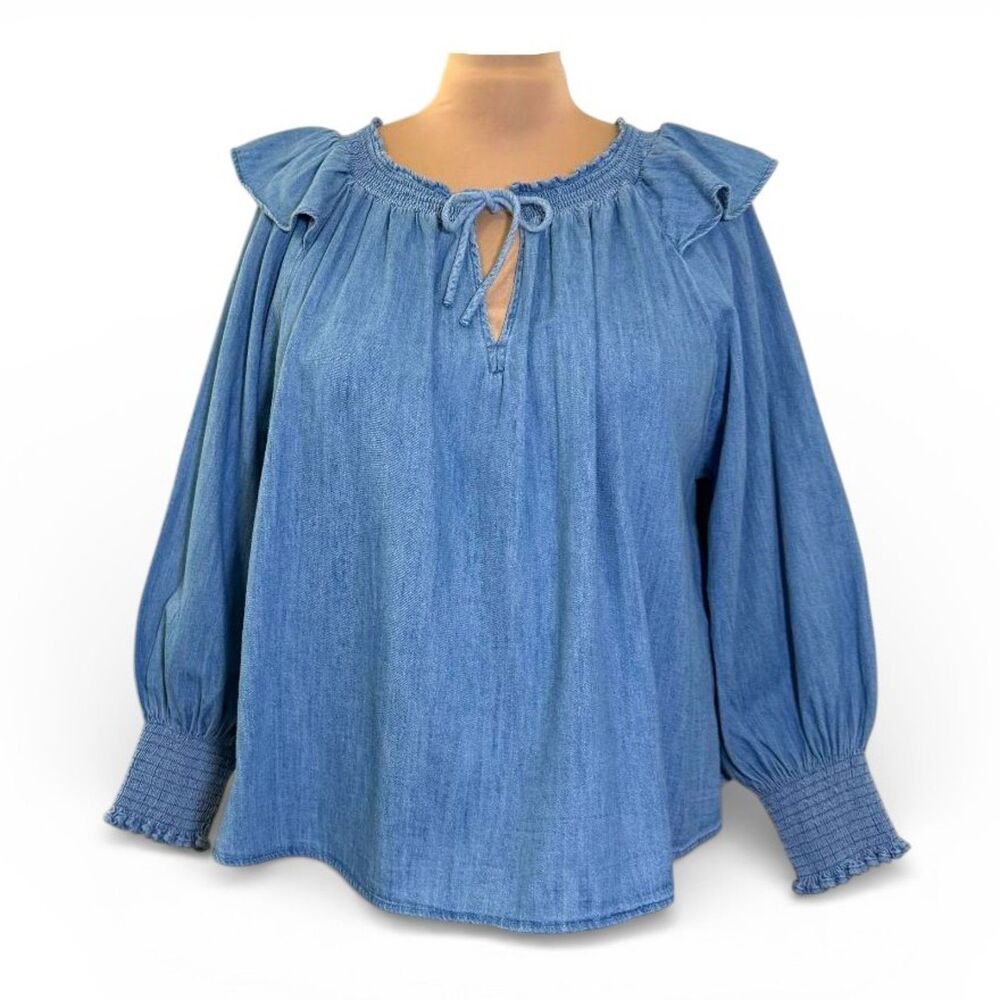 OLD NAVY Puff Sleeve Non-Stretch Jean Ruffle-Trimmed Poet Blouse, NWT! Size 2X